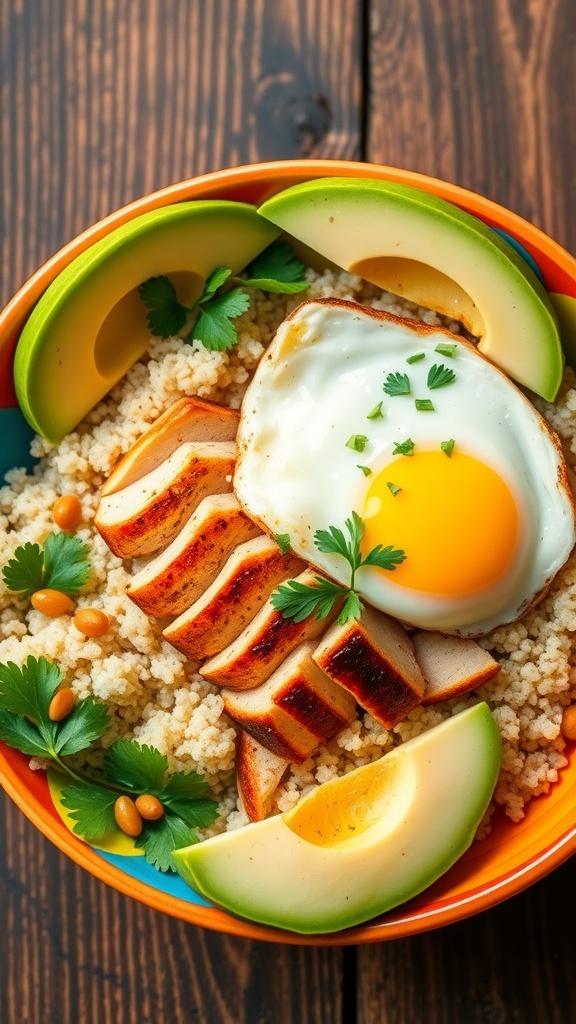A nutritious quinoa bowl with chicken, egg, and avocado, garnished with parsley.
